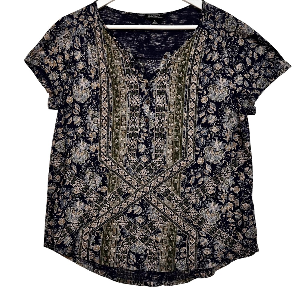 Lucky Brand Henley Top Women L Blue Floral Boho Short Sleeve Boho Indie Festival
